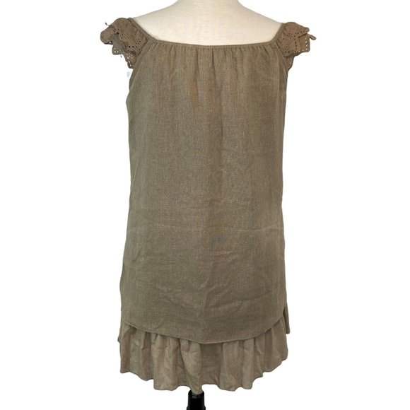 Lagenlook Tan Linen Dress Size M Embroidered Tiers Lightweight Blue Bird Boho - Picture 2 of 12